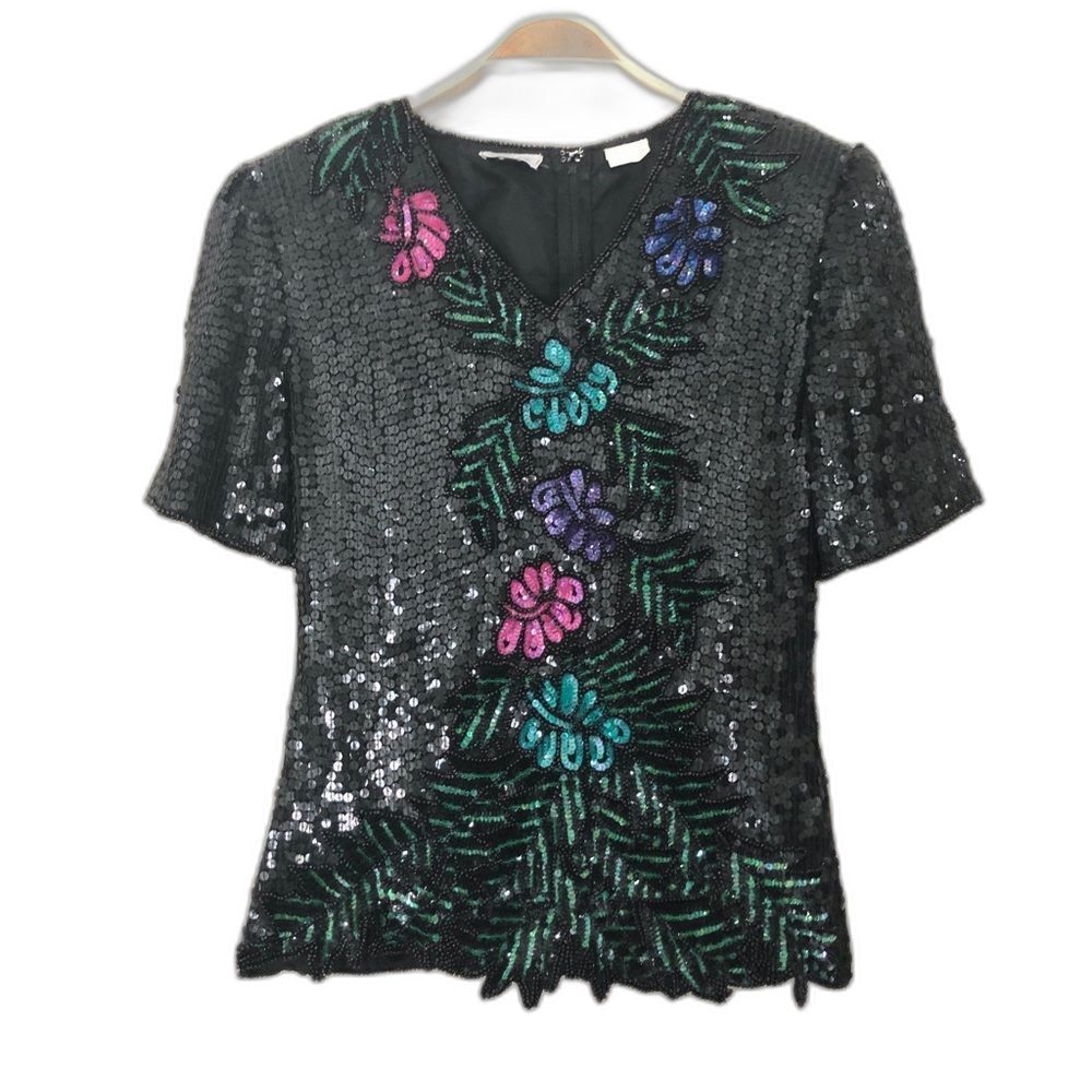 Stenay Silk Beaded Blouse Womens Medium Black Pink Floral Vintage Evening Formal